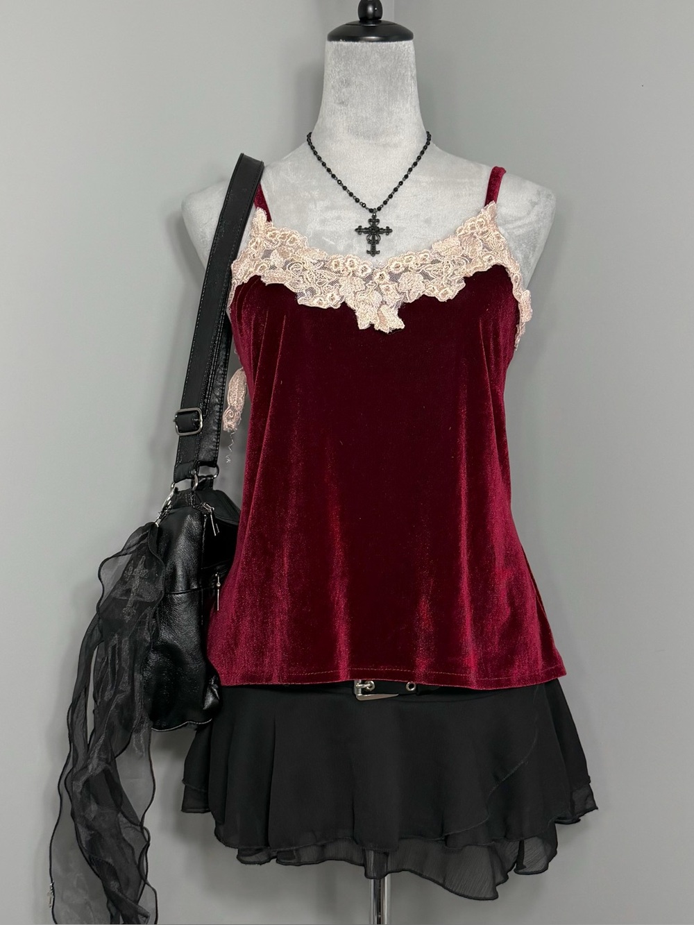 Y2K Red Velvet Cami with Cream Floral Lace Embroidered Trim